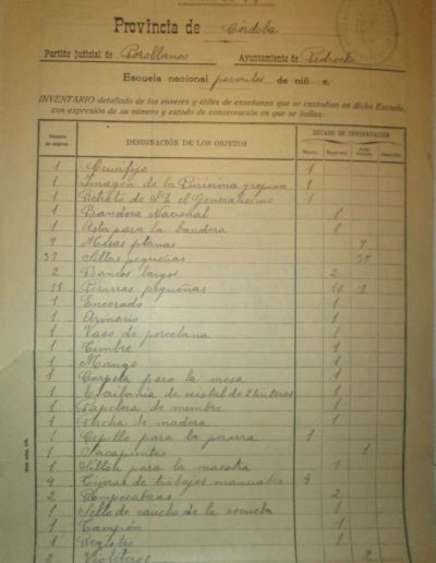 Inventario de material de la Escuela Nacional de Párvulos de Pedroche, del año 1943