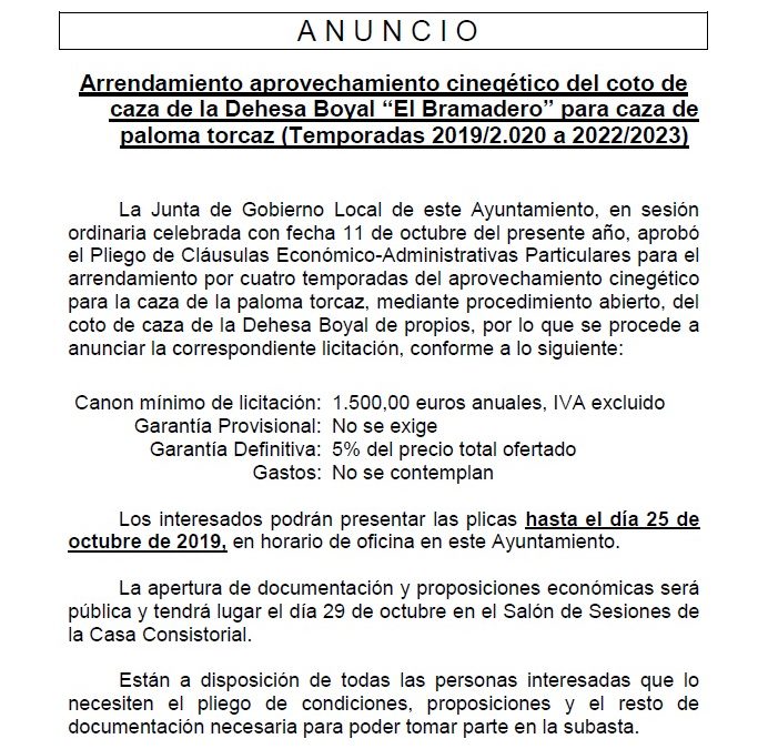 Anuncio: Caza de paloma torcaz, temporadas 2019/2020 a 2022/2023 1