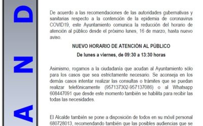 Coronavirus COVID19. Reducción de horario de atención al público