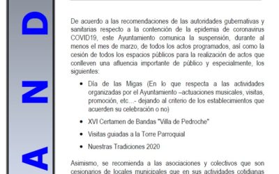 Coronavirus COVID19. Suspensión de actos y cesión de espacios públicos