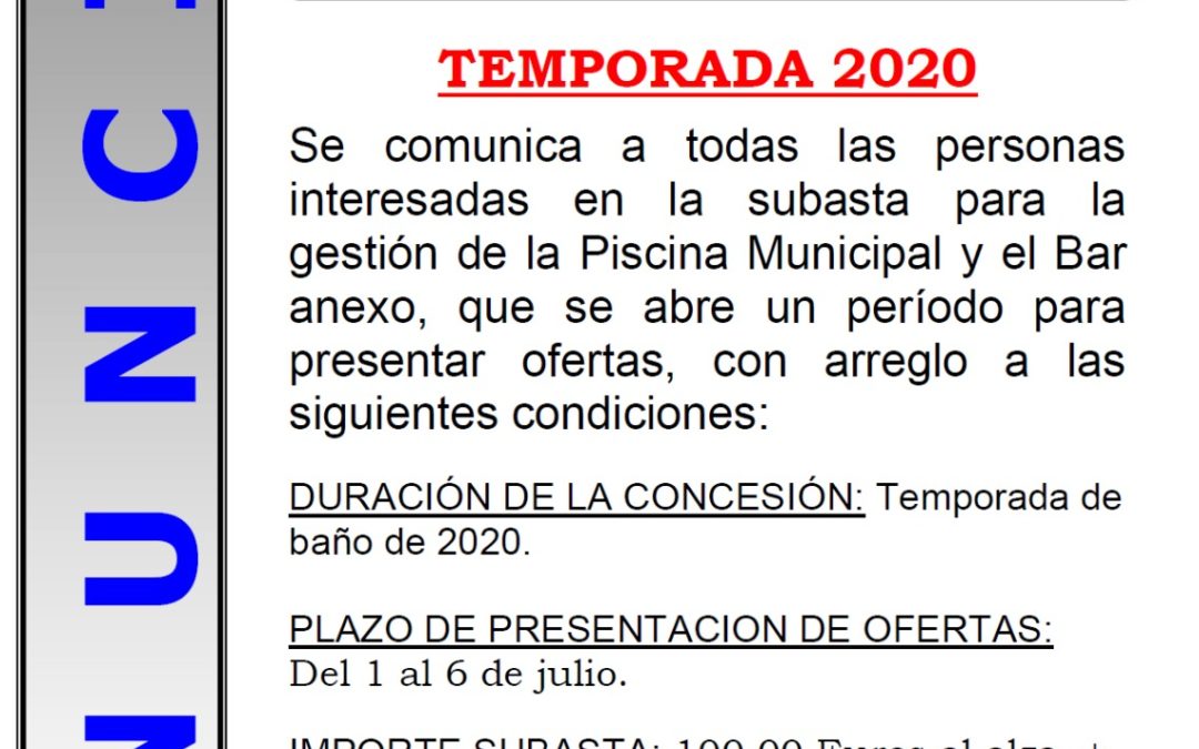 Gestión Explotación Bar y Piscina Municipal. Temporada 2020 1