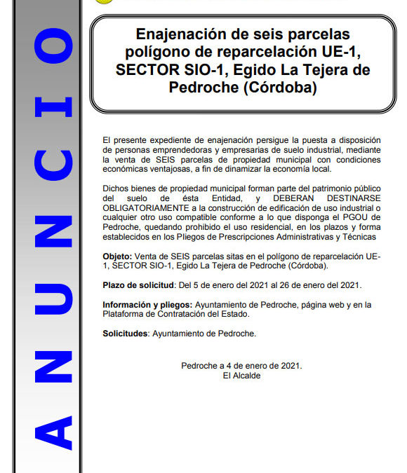 ANUNCIO. Enajenación de parcelas polígono de reparcelación UE-1 1