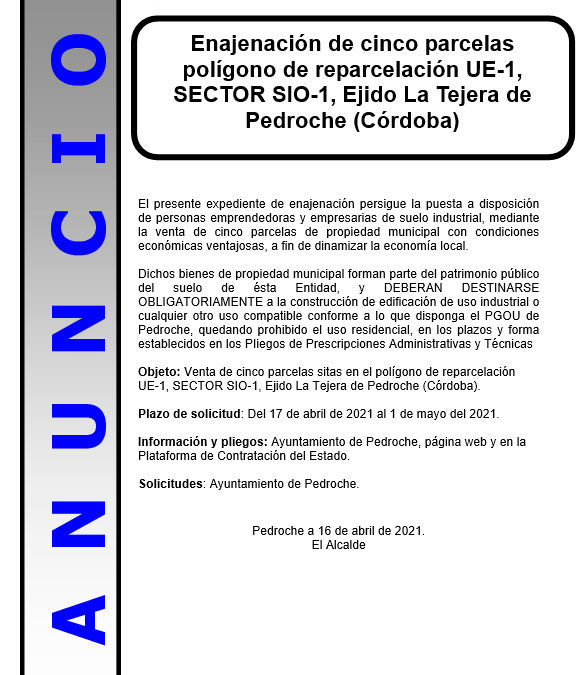 ANUNCIO. Enajenación de cinco parcelas polígono de reparcelación UE-01 1